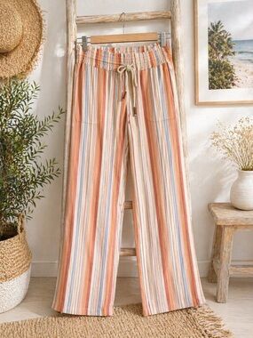 Roxy Linen Pants Women’s XL Striped Drawstring Wide Leg Beach Vacation Casual
